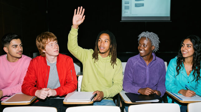 Students taking notes in a full lecture theatre