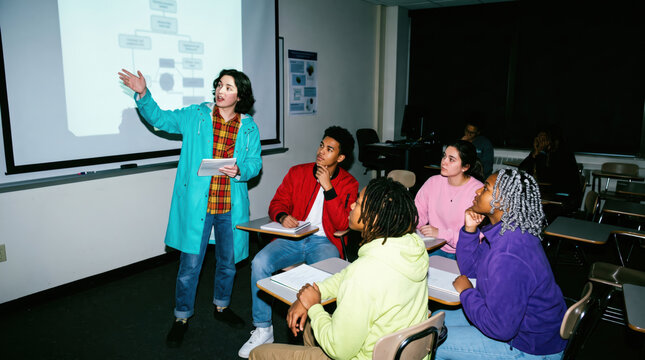 Student presenting to the class beside a screen