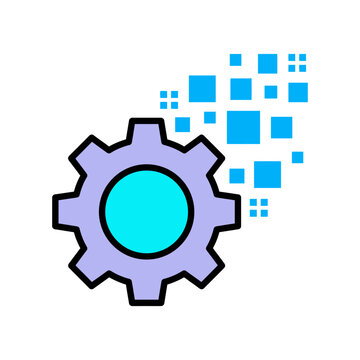 Outline gear icon with scattered blue pixels.