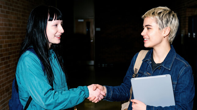 Two students shake hands in a campus hallway
