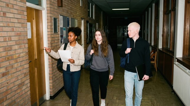 Students looking for a classroom along a corridor