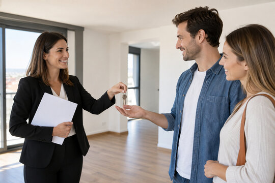 Real estate agent handing keys and a blank brochure