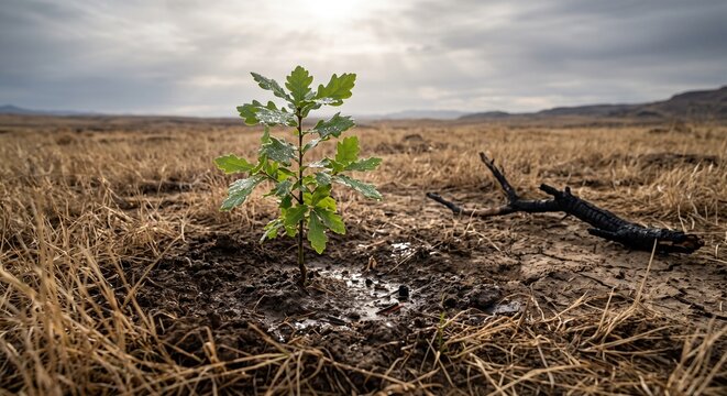 Young Sapling Symbolizes Hope After Climate Damage