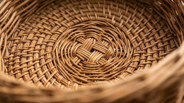 Handwoven wicker basket close up, rustic brown rattan texture background, traditional craftsmanship of a circular wooden weave pattern