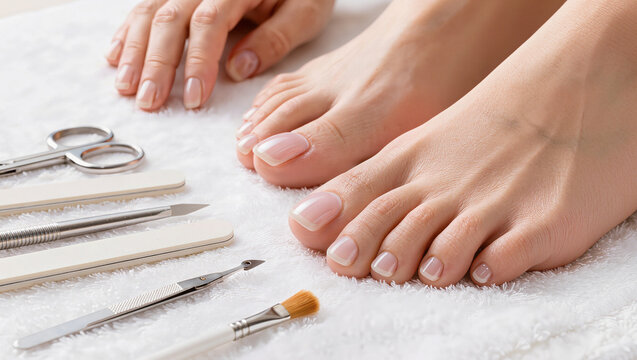 Close up of clean bare feet and hands on a white towel beside pedicure tools, spa pedicure and foot care concept with copy space for text