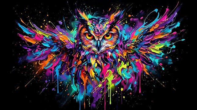 Colorful owl portrait with vibrant paint splash effects on black background