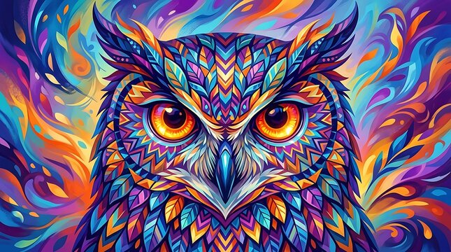 Colorful artistic owl face with bright vibrant feathers and abstract patterns