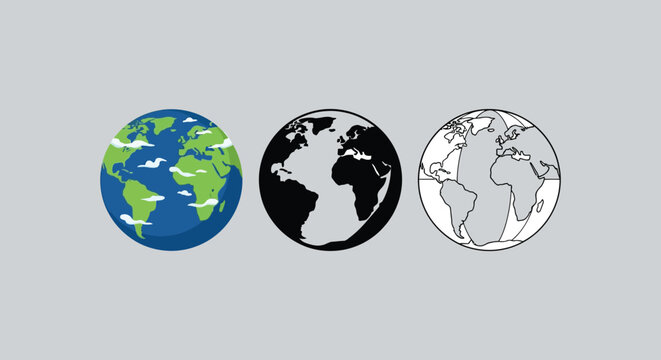 three depictions of the earth globe in varying styles and colors