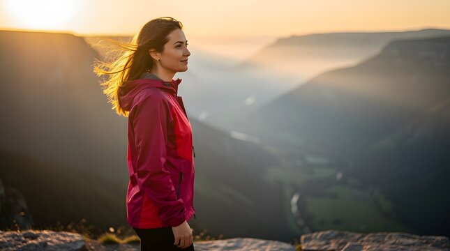 Young woman standing on a mountain cliff enjoying the sunset view.