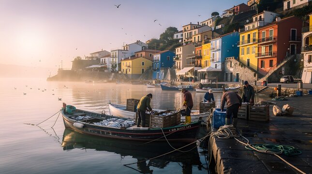 Fishermen unloading their catch from a traditional wooden boat in a colorful Mediterranean village at sunrise.