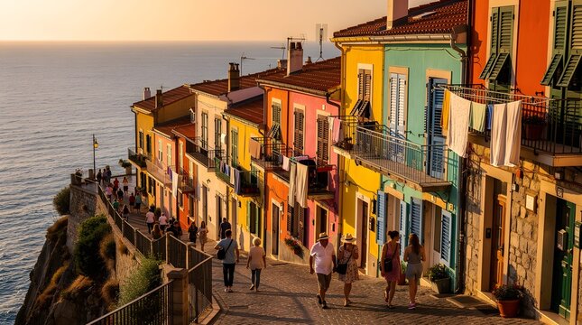 Colorful houses along a narrow coastal street in a Mediterranean village during a warm sunset.
