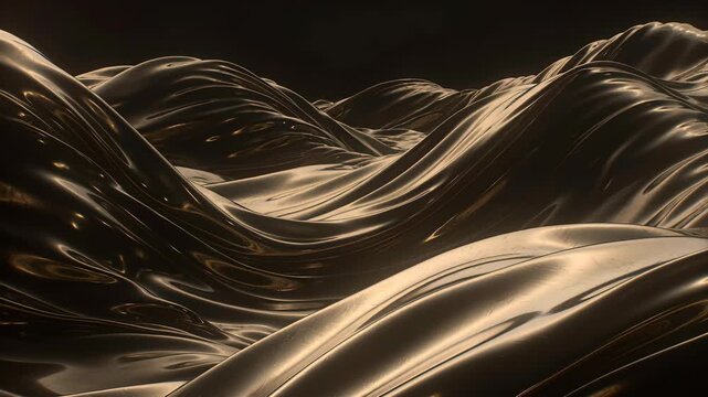 Abstract bronze metallic waves flow across a dark background in a glossy digital style, suggesting luxury, motion, and elegance