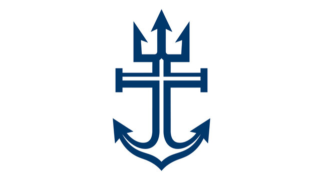 Blue stylized anchor with trident head maritime logo.