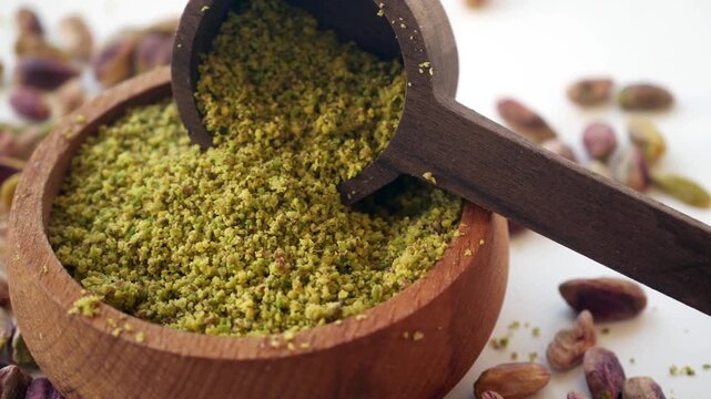 Ground pistachio nuts in wooden bowl with scoop and whole kernels on white background
