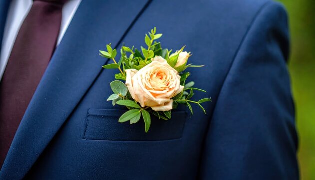 Peach rose boutonniere on blue groom suit lapel.
