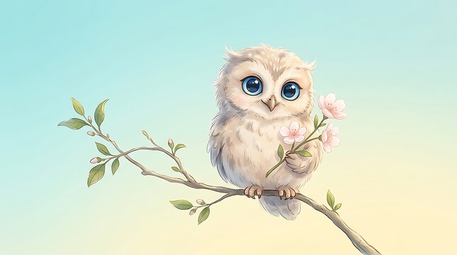 Cute fluffy owl sitting on a branch holding a spring flower