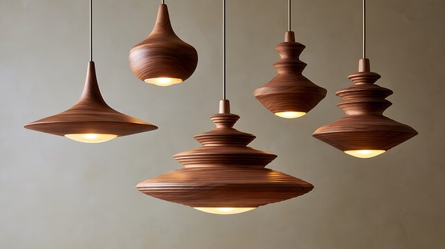 Modern wooden pendant light fixtures hanging from ceiling in contemporary interior design