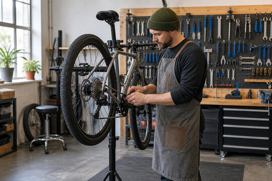 Organized bicycle repair workshop ready for customers