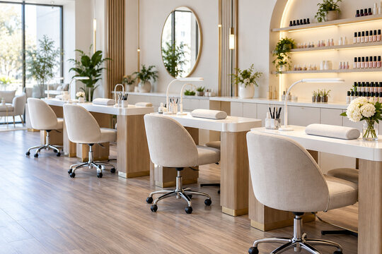 Clean manicure tables in an empty nail salon