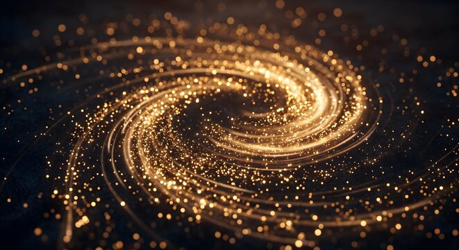 Swirling Golden Glitter Vortex and Light Swirls on a Dark Background
