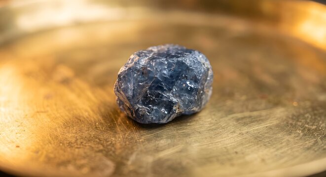 Raw Uncut Blue Sapphire Mineral Gemstone Resting on Shimmering Golden Surface