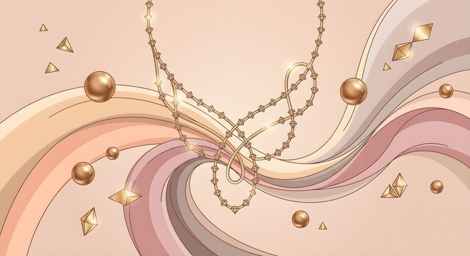 Abstract Flowing Pastel Waves, Ribbons, Pearls, and Golden Chain Elements in Soft Tones