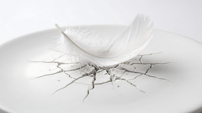 A delicate white feather rests on cracked white surface, symbolizing fragility, vulnerability, and gentle impact despite its light weight.