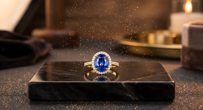 Royal Blue Sapphire and Diamond Ring Displayed on a Sleek Black Marble Podium