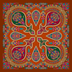 Rust orange traditional Indian paisley motif square pattern for ethnic textile © jayanti