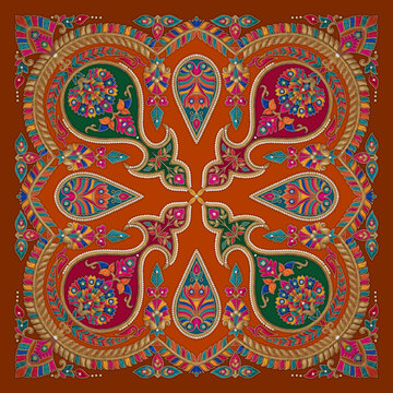 Rust orange traditional Indian paisley motif square pattern for ethnic textile