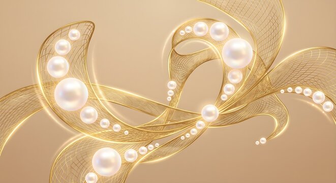 Elegant Gold and Sheer Ribbon Waves Adorned with Glowing Pearls on Beige Background
