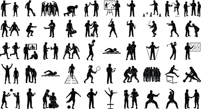 Sports Coach Silhouette Icon Set with Trainers, Tactical Playboards, Fitness Drills, Motivational Coaching, and Multi-Sport Mentorship Graphics