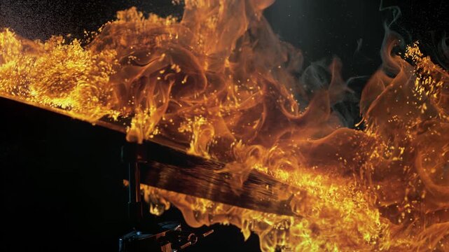 Super Slow Motion Shot of Cymbal Hit Igniting Dramatic Flames and Sparks at 1000fps.