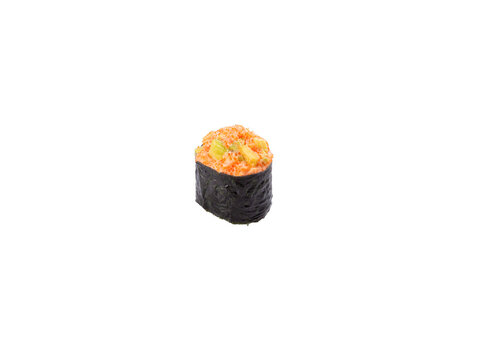 Spicy salmon gunkan sushi roll with avocado japanese culinary arts