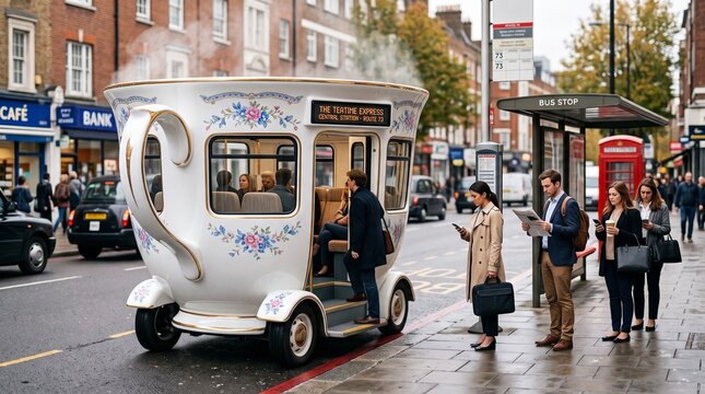 Commuters waiting at a bus stop for a whimsical teacup shaped vehicle on a busy city street