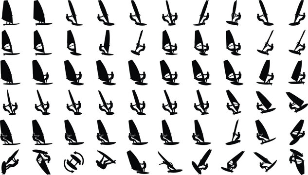 Windsurfing Silhouette Icon Set with Windsurfers, Sailboards, Ocean Waves, Water Stances, and Extreme Board Sports Graphics