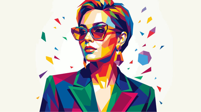 Vibrant geometric pop art portrait of a stylish woman with colorful sunglasses and blazer in a multifaceted polygon design