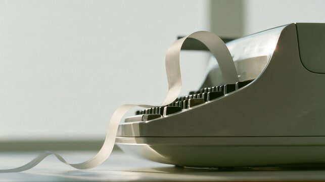 A length of blank paper tape curling from a desk calculator on a counter with plenty of empty space for text
