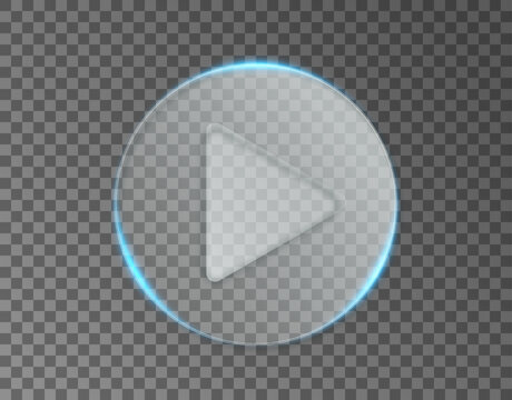 Transparent glass play button with blue neon glow isolated on transparent background.