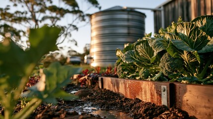 Obraz premium A rainwater tank standing beside a raised vegetable bed in a garden with generous copy space