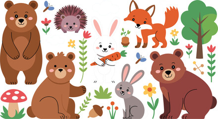 Obraz premium Cute Woodland Animals Illustration Set with Bears, Rabbits, Fox, Hedgehog, Flowers, Tree and Forest Nature Elements