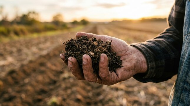 Farmer holding rich fertile soil in hands outdoors at sunset