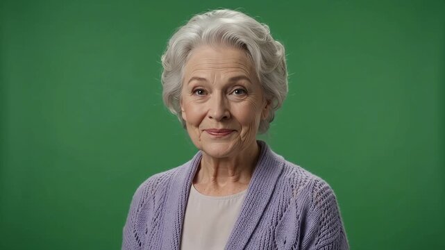 Elderly woman smiling with subtle head movements, full-face view, gray hair, lilac cardigan, isolated on a vibrant green screen background, perfect for compositing in commercial projects