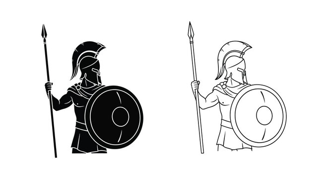 Ancient spartan warrior with shield and spear stands in black silhouette soldier