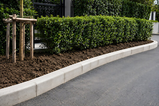 Curved concrete edging defines a garden bed alongside a paved driveway curbstone