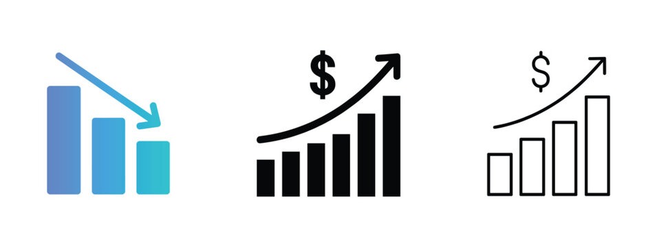 Financial Trends. A set of three icons depicting financial growth and decline. Includes a downward trending bar chart and two upward trending bar charts with dollar signs.