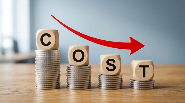 Cost reduction concept: wooden cubes spelling COST on decreasing coin stacks with red arrow