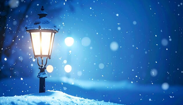 Glowing Street Lamp Covered in Snow on Winter Night with Falling Snowflakes