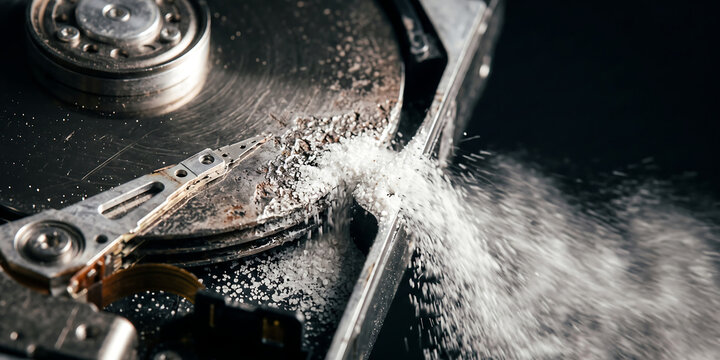 Damaged computer hard drive spinning out white sand particles representing memory decay concept and irreversible data loss over black background.