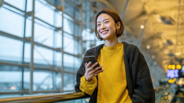 Asian female traveler at airport lounge, holding smartphone, delighted expression, glass wall background